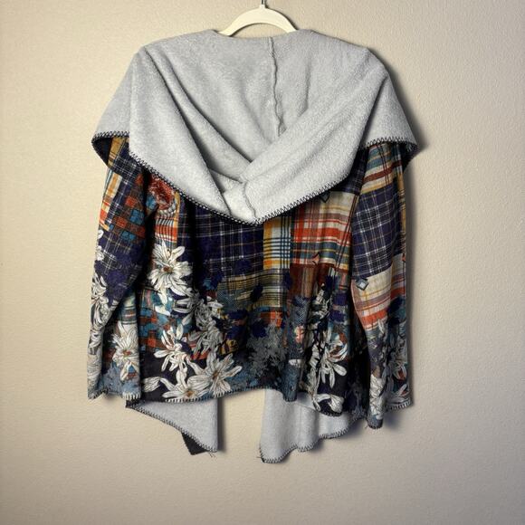 Johnny Was Floral Biya Sherpa Patchwork Hooded Open Waterfall Cardigan Jacket L - Picture 4 of 15